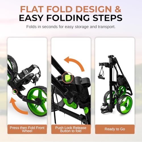 Image of JOVIAL Foldable 3 Wheel Junior Golf Push Cart, Lightweight Aluminum Pull Cart with Deluxe Scorecard Holder, Adjustable Handle, Quick Brake System, Compact Folding Golf Trolley with Strap Support