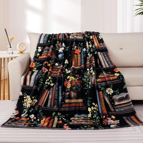 Book Lovers Gifts Blanket Vintage Bookshelf Floral Printed Throw Blanket Ultra Soft Flannel Fleece Throw Blankets Lightweight Cozy Fluffy Plush Blankets for Bed Couch 50X60