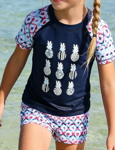 Image of PHIBEE Girls' Short Sleeve Rash Guard Set UPF 50+ Sun Protection Two-Piece Swimwear