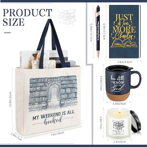 Moinchore Set of 5 Book Lovers Gifts for Reader Canvas Tote Bag Journal Notebook and Ballpoint Pen Ceramic Coffee Mug with Cork Bottom Scented Candle for Teens Teacher Librarian Bookish Author (Blue)