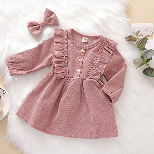 Kids Toddler Baby Girl Fall Winter Dress Solid Ruffle Buttons Corduroy Dress Princess Party Skirt Outfit Set (18-24M, Pink) #TOP1
