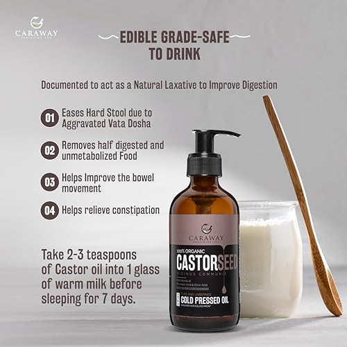 Image of CARAWAY Organic Cold Pressed Castor Oil - Edible for Constipation Relief & Hexane-Free Castor Oil for Hair Growth, liver detox Skin & Joint pain glass bottle - 475 ml / 16 oz