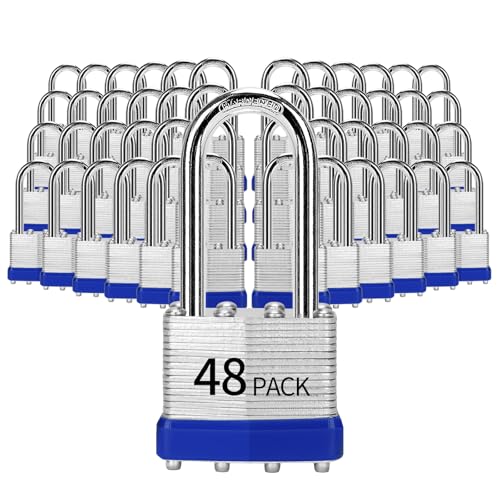 Image of Padlocks Keyed Alike, Pack of 48, Laminated Steel Keyed Lock (1-9 /16 inch, 40mm), Padlocks with Same Key, Long Shackle, for Toolbox, Locker & Storage Unit, and More