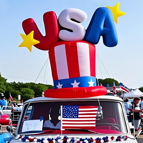 TwoBees 4FT 4th of July Decorations Outdoor Inflatables USA American Flag Hat Bright LED Lights Patriotic Independence Day Blow Up Decor for Yard Outside Party Garden Parade Float Holiday