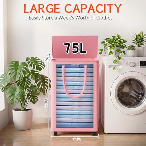 Image of Slim Laundry Hamper with Wheels,20 Gal (75L) Rolling Laundry Basket with lid and wheels Clothes Hamper Foldable Tall Dirty Clothes Basket Sturdy Collapsible Clothes Hamper for Dorm,Laundry Room