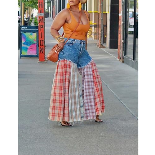 Women's High Waist Plaid Patchwork Flare Denim Pants Ruffle Hem Jeans4