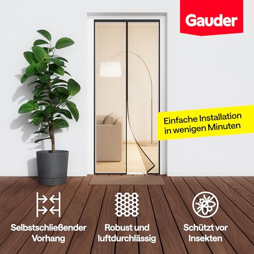 GAUDER Fliegengitter Balkontür schwarz - Magnetische Fliegengitter Tür ohne Bohren - Insektenschutz für Terrassentür - Selbstschließender Fliegenvorhang mit Magnet (100 x 210 cm - schwarz)