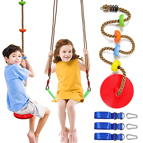 Tree Swing Climbing Rope 2 Pack Multicolor With Platforms Red Disc Swings Seat - Outdoor Playground Set Accessories Tree House Flying Saucer Outside Toys - Bonus Carabiner And 4 Feet Strap #TOP16