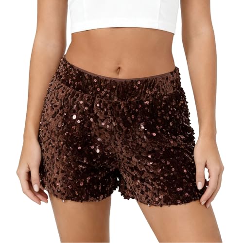 Metallic Glänzend Kurze Hose Damen Glitzer Shorts Sexy Pants Elastische Taille Hotpants Disco Outfit Fasching Party Reflektierende Micro Shorts Karneval Kostüm Faschingskostüme Themenparty Braun