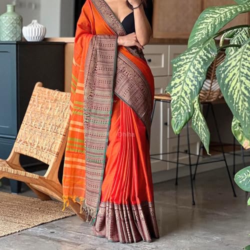 Image of Narayanpet Pure Cotton Avani Border Saree for Women with Running Blouse | Tassels | Traditional Woven Solid Design | Handloom Weave