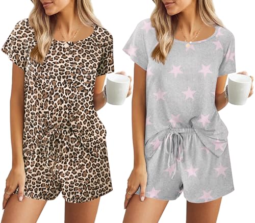 Ekouaer 2 Pack Womens Pajama Sets Short Sleeve Sleepwear Soft Crew Neck Pj Shorts Set Printed Loungewear Set S-XXL