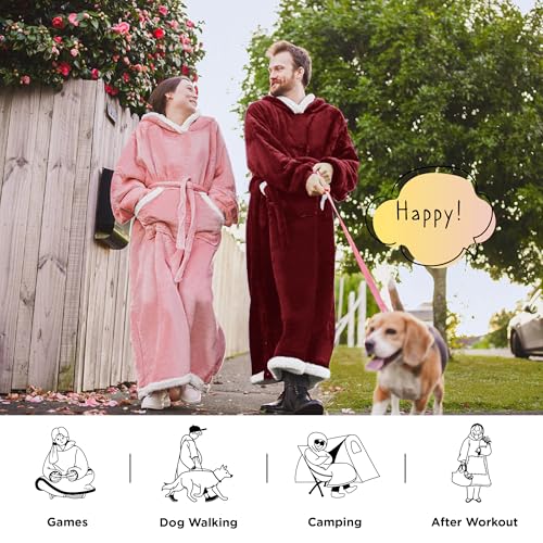 Image of Bedsure Wearable Blanket Hoodie, Long Hooded Blanket Sweatshirt as Christmas Birthday Gifts for Men, Cozy Sherpa Hoodie for Adult, Oversize, Burgundy