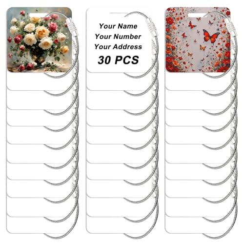 AceSubli 30 Pcs Sublimation Luggage Tag Blanks Metal Bag Tags Double Sided Aluminum Keychains Sublimation Blanks Bulk Products Items with 30 Stainless Steel Loops for DIY Gifts Square 2x2