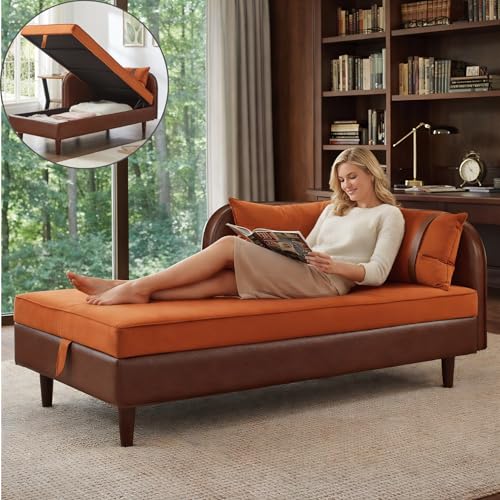 Aortzio 65 Chaise Lounge with Storage Space Oversized Indoor Recliner Faux Leather Velvet Sleeper Chair for Bedroom Media Room Break Room Living Room Orange Brown.