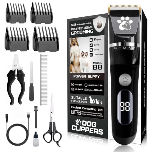 Kit de aseo para perros, recortadora profesional inalámbrica para mascotas, pantalla LED impermeable de bajo ruido con cepillo de limpieza y kits de uñas
