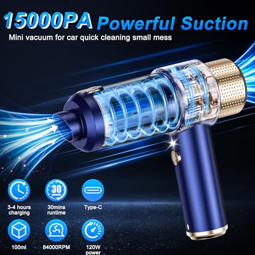 Mini Vacuum Cleaner, 15000PA Car Vacuum Cleaner Portable Cordless with LED Light, 4 in 1 Air Duster and Handheld Small Vacuum Rechargeable for Car, Home, Office, Pet(Blue)