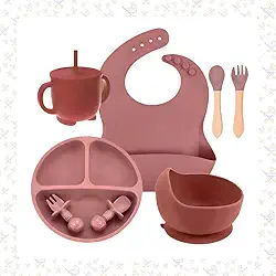 Kit Introdução Alimentar Bebe 8 Peças Antiderrapante BPA Free Prato Dividido Talheres Copo e Babador Infantil Seguro Resistente e Fácil de Limpar (Vermelho)