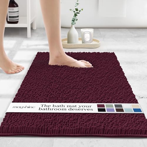 Image of MAYSHINE Small Plush Shaggy Chenille Bath Mat 24 inchx17 inch Extra Soft, Super Absorbent, Non-Slip Bathroom Rug | Fluffy Microfiber, Area Rug Sets for Bathroom Floor, Kitchen, Living Room | Burgundy