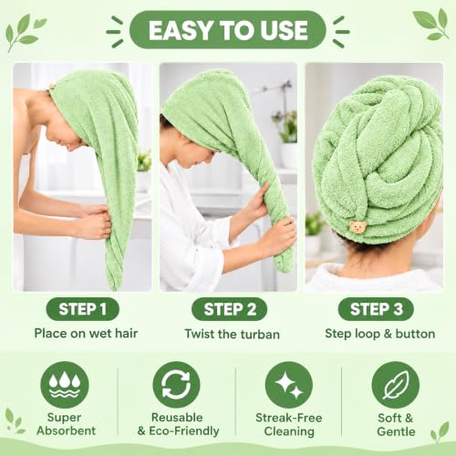 Image of Hair Towel Wrap for Women-Quick Drying Microfiber Towel for Hair with Elastic Loop for Tying-Super Absorbent Head Towels Wrap for Ladies Hair Turban (Pack of 1,Green)