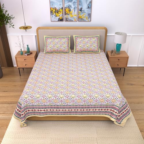 Image of India 100% Pure Cotton Jaipuri Printed Double Bedsheet with 2 Pillow Covers | Traditional Sanganeri Floral Design | Soft Breathable Fabric | King Size Bedsheet for Bedroom (Kaya38)