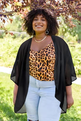 Chicgal Women Summer Tops Kimono Cardigans Sheer Beach Cover Ups Chiffon Open Front Shirts (Black,3Xl thumb #1