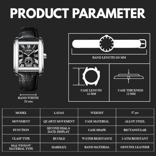 Image of LONGBO Mens Watch Rectangular Shape Alloy Case Business Casual Genuine Leather Strap with Seconds Subdial | Calendar Date | Scratch Resistant Waterproof Watches for Men