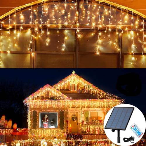 Solar Christmas Lights Outdoor Waterproof Christmas Decorations Curtain Lights 320LED 29.5ft 60 Drops Solar Powered Rechargeable Fairy Lights for Party Wedding Home Decorations(WarmWhite)