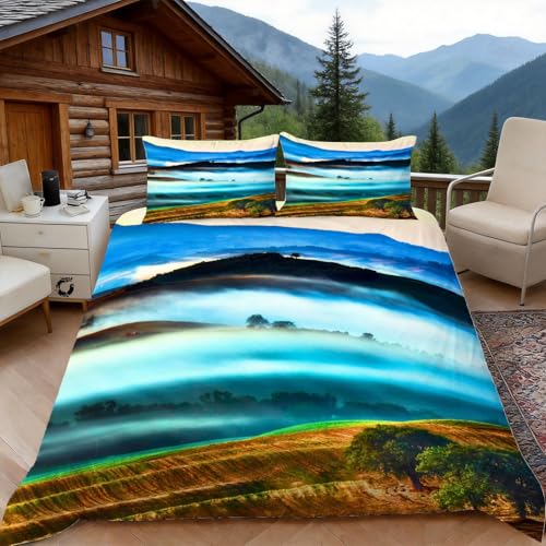 Housse de Couette 220x240 Style Montagne, 2 Personnes, Parure de Lit Chic Microfibre avec 2 x Taie d'oreiller 65x65 cm avec Fermeture éclair