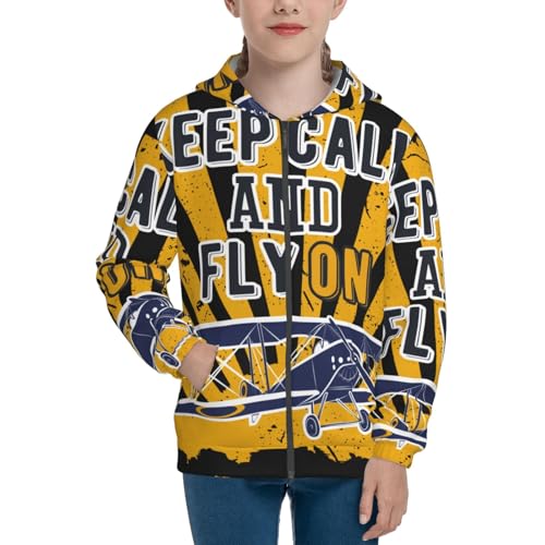 Keep Calm and Fly On Kids Pullover Hoodies Boys Zip Up Sweatshirts Girls Athletic Clothes with Pocket3