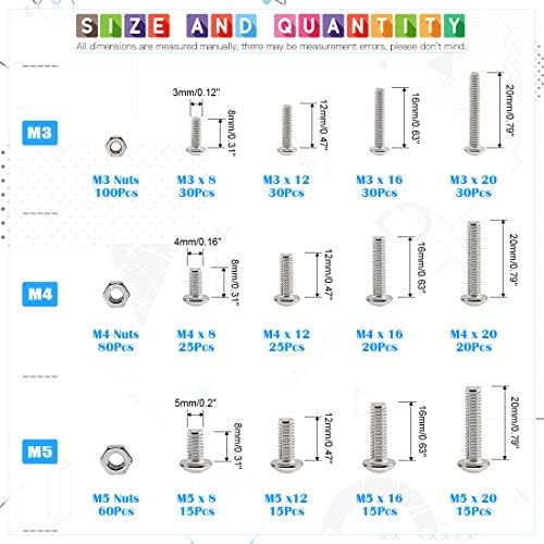 Glarks 510Pcs M3 M4 M5 304 Stainless Steel Allen Hex Drive Button Head Socket Cap Bolts Screws Assortment Kit
