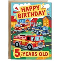Hippowarehouse Childrens Happy Birthday Card for Boys 5 Years Old with Fire Engines Personalised Card A6 with envelope for him for her Funny Cards for Men and Women Blank inside option