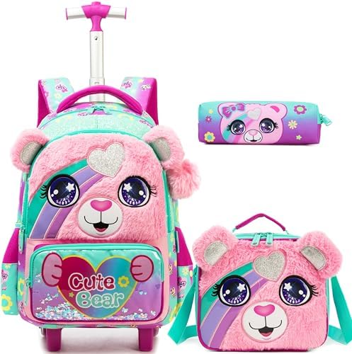 Meetbelify Cute Pink Bear Rolling Backpack with Wheels for Girls ...