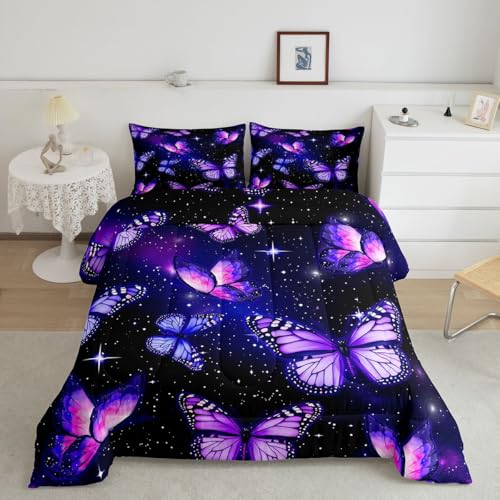 Image of Erosebridal Purple Butterflies King Size Comforter Set for Kids Teens Adults,Starry Sky Galaxy Bedding Sets,Dreamy Butterfly Duvet Insert,Neon Wildlife Quilt Bedroom Decor