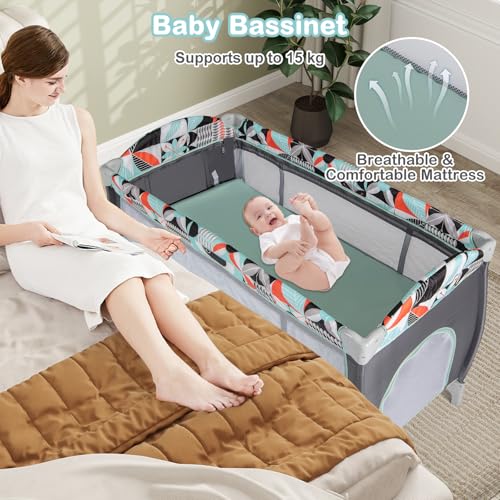 COSTWAY 4 in 1 Foldable Travel Cot, Portable Baby Bed Playard with Bassinet, Changing Table, Canopy, Music Box, Wheels, Carry Bag, Storage Rack, Nursery Center for Newborn Toddlers (Dark Gray+Floral) 2 COSTWAY 4 in 1 Foldable Travel Cot, Portable Baby Bed Playard with Bassinet, Changing Table, Canopy, Music Box, Wheels, Carry Bag, Storage Rack, Nursery Center for Newborn Toddlers (Dark Gray+Floral) - Image 2
