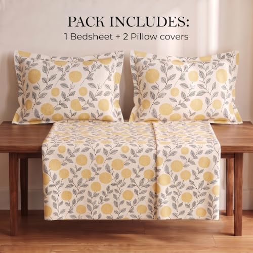 Image of BSB HOME 240 TC Cotton Double Bedsheet with 2 Pillow Covers, Soft & Breathable Floral Print Bed Sheet, Fade Resistant, Easy Care Bedding Set, 90 x 100 Inches (228 x 254 cm)- Ochre & Charcoal Botanical