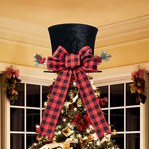 Hmasyo Christmas Tree Topper - Upgrade Large Black Tree Topper Hat With Red Buffalo Plaid Bow Christmas Trees Top Decorations Ornaments For Holiday Home Decor Xmas Gift Ideas #TOP1