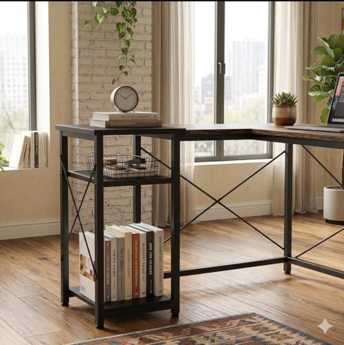 Image of Wooden Computer Table with Metal Shelves | Office Desk | Computer Desk | Kids Table for Kids Room | Office | Library | Study Room | Living Room | Finish Color - Natural Teak Finish |