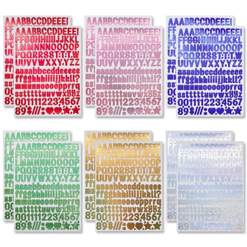 12 Sheets Glitter Alphabet Stickers 1860 Pcs Mini Letter Stickers 0.5 Inch Self Adhesive Vinyl Letters and Numbers for Scrapbook Water Bottle Crafts