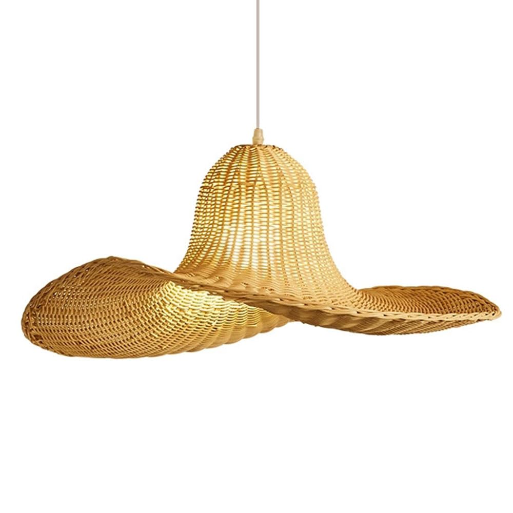 LQZCXMF Southeast Asian Rattan Pendant Lights, Pastoral Style Hat Lamps Unique Bohemian Bamboo Chandelier Creative Handmade Designs 23.6" Beige Wicker Light Fixture for Kitchen Island Living Dining