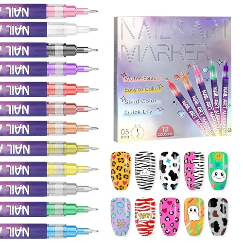 XALVRIONIX 12 Colors Nail Art Marker Pens Set, Markers for Nail Art,Quick Dry Precision Painting Pens for Nail Design Suitable for, Nail Painting, And Artistic Decorations. (12 Colors)