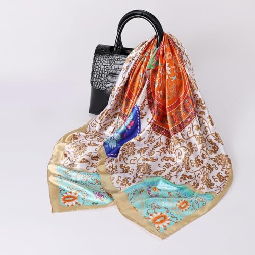 35" Large Head Scarf for Women Square Satin Hair Scarf Floral Bandanas Sleeping Hair Wraps Neck Scarfs Boho Headwear, 3PCS4