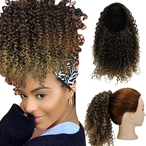 ZAIQUN Afro-Pferdeschwanz mit Kordelzug, 25,4 cm, Afro-Haarteil, lockiger Pferdeschwanz, mit Clip, Ombré-Farbe, kurzes Afro-Haarteil, Kordelzug, Pferdeschwanz für Damen (1B/27#) Cover