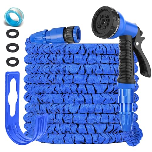 LINGKY Flexibler Gartenschlauch 15m, dehnbarer flexiSchlauch, Wasserschlauch flexibel mit 3-Fach Latexkern inkl. Adapter für 1/2' 3/4' Zoll und Wandhalterung, für den Außenbereich