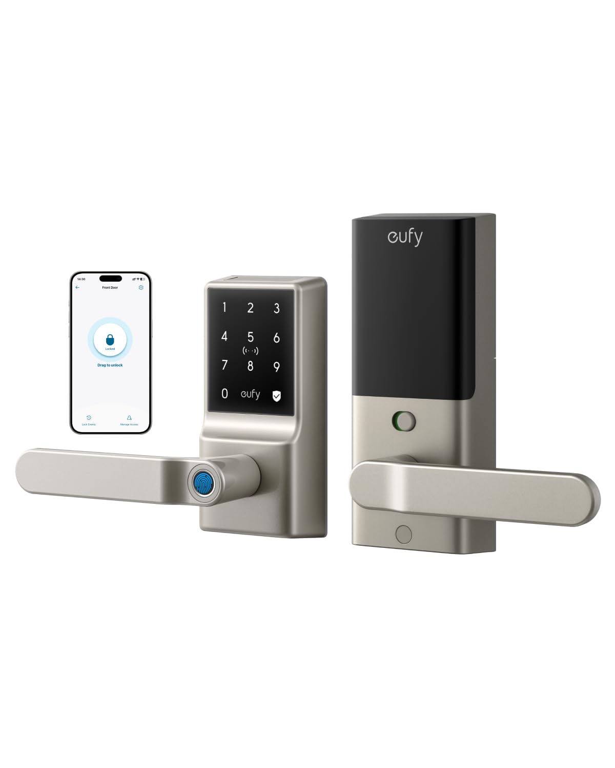 eufy Security Smart Lock C33, Fingerprint Keyless Door Lock with Handle, Built-in Wi-Fi, APP Remote Control, Biometric Door Knob for Entry Door, Auto Lock, IP53 Waterproof, Nickel