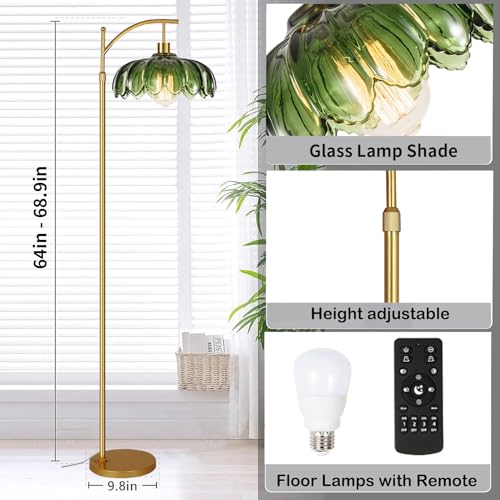 Image of QIYIZM Glass Floor Lamp for Living Room,Bedroom,Gold Dimmable Standing Lamp with Remote,Mid Century Modern Brass Tall Lamp Boho Vintage Retro Floor Lamps Arc Green Flower Floor Light Lamp Bohemian