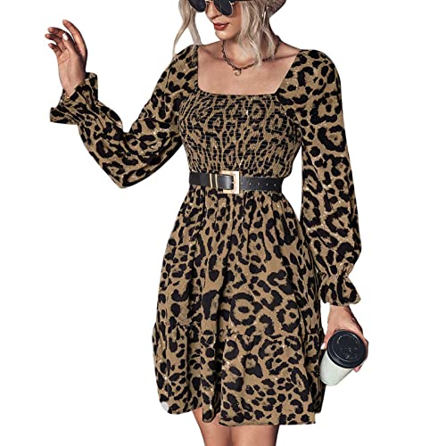 Vestido Corto de Manga Larga Sexy para Mujer con Cuello Cuadrado Y Cintura Alta Mini Vestido Casual de Estampado Leopardo sin Espalda Elegante Vestido Túnica Vestido de Fiesta(L-café Profundo) Cover