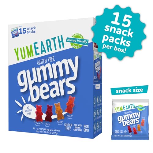 Image of YumEarth Organic Gummy Bears - Fruity Gummy Candy Snack Packs, Gluten Free Snacks for Kids - Allergy Friendly, Non-GMO, No Artificial Dyes - Assorted Flavors, 10.5 oz. (Pack of 15)