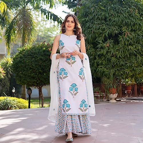 Image of Sidhidata Women's Cotton Blend Printed Straight Kurta Sharara Set With Embroidered Dupatta