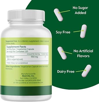 BESTVITE Beet Root 550mg per Capsule (120 Veg Caps) - No Stearates - Vegan