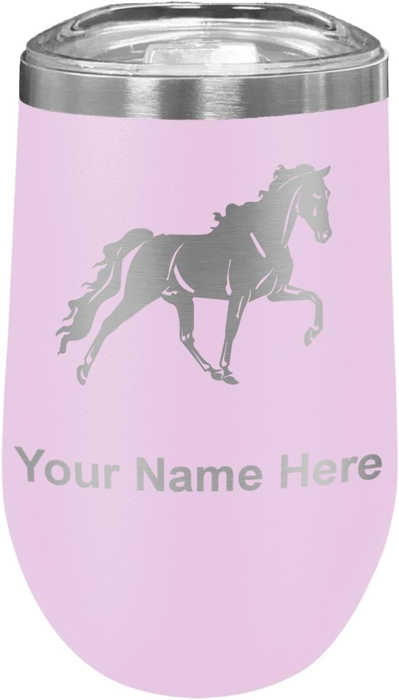 LaserGram 16oz Double Wall Stainless Steel Wine Glass Tumbler, Horse, Personalized Engraving Included (Light Purple)